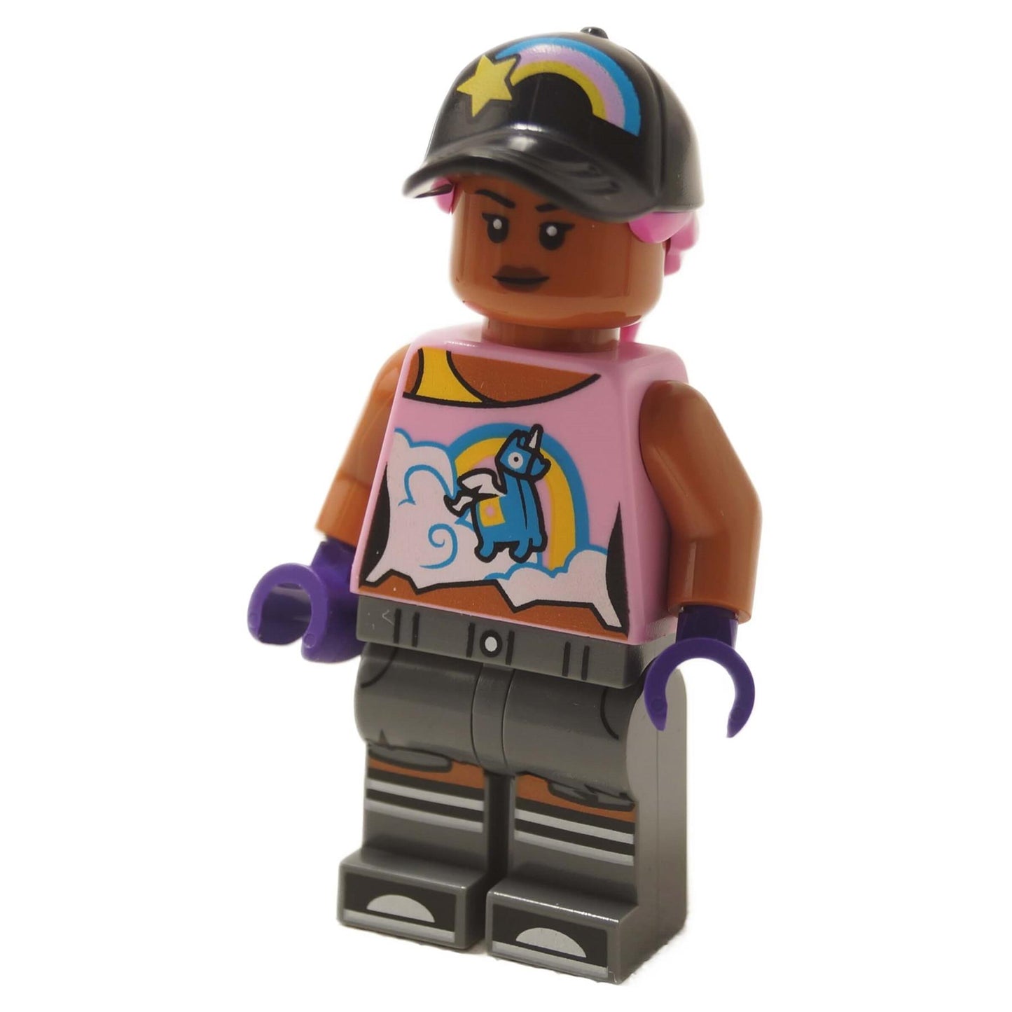 LEGO® Fortnite Beach Bomber minifigure with rainbow print shirt and black cap from set 77076