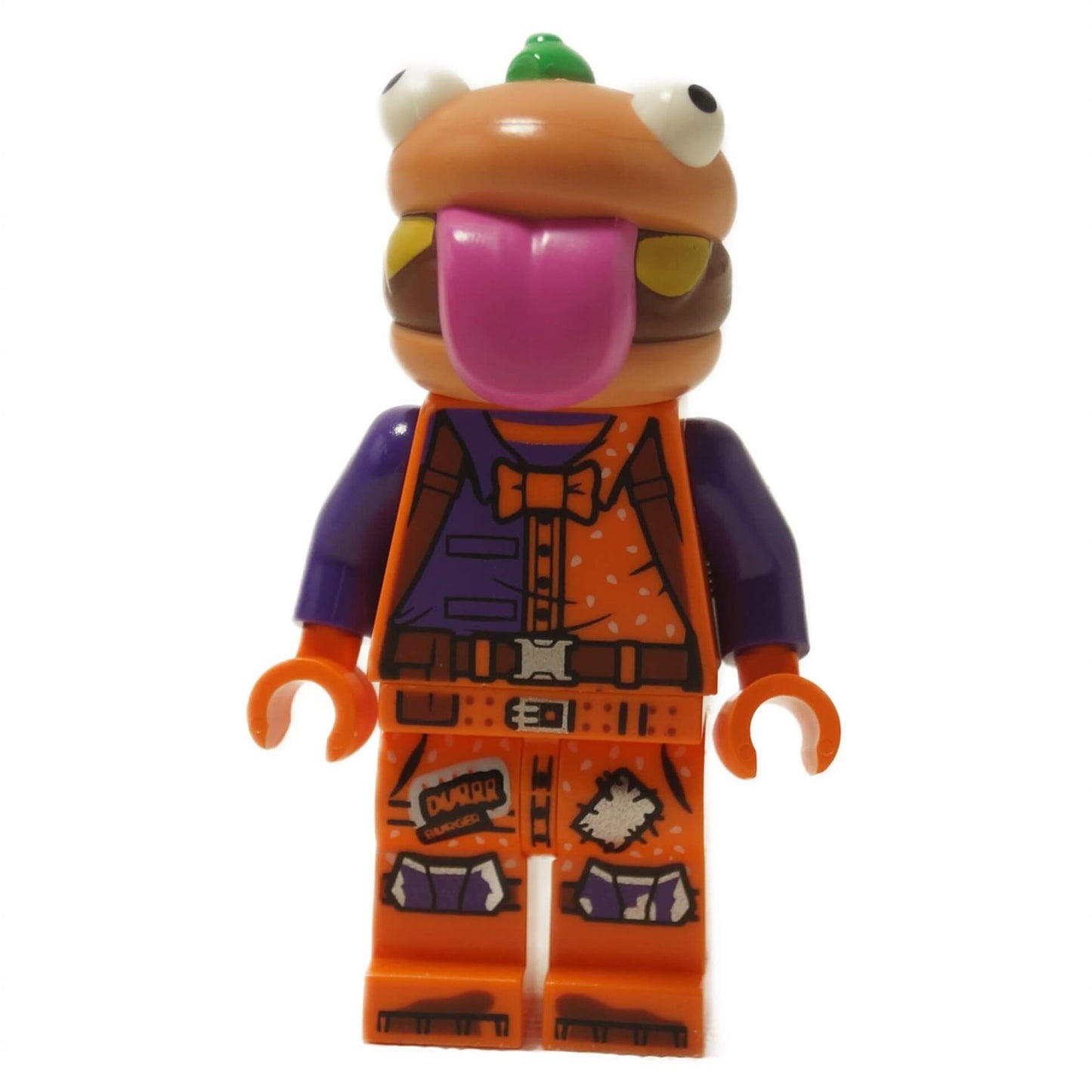 LEGO® Fortnite Beef Boss Minifigur aus dem Set 77076 mit Burgerkopf, herausgestreckter Zunge und bedruckter Durr Burger-Uniform