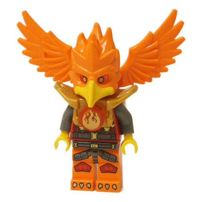 Minifigura de LEGO Legends of Chima Frax (loc105) en armadura de fénix naranja, con hombreras doradas y grandes alas naranjas desmontables.