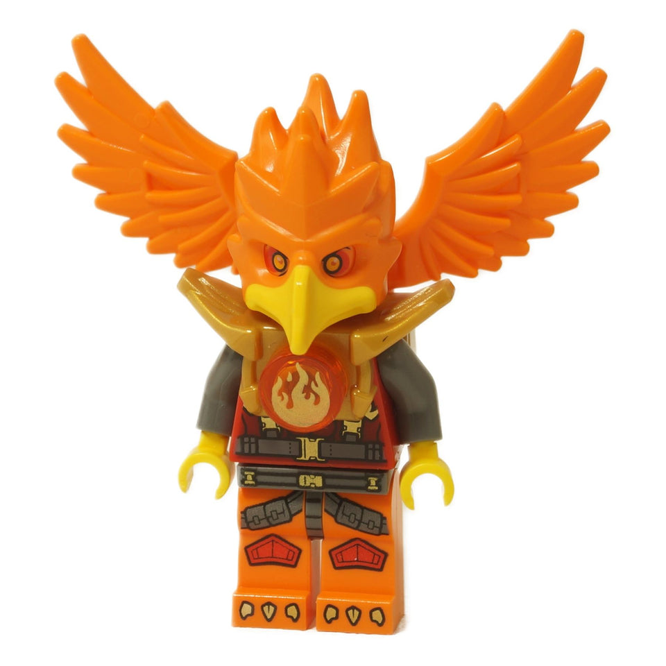 LEGO Legends of Chima Frax minifigure (loc105) in orange phoenix armor, with golden shoulder pads, and large attachable orange wings.