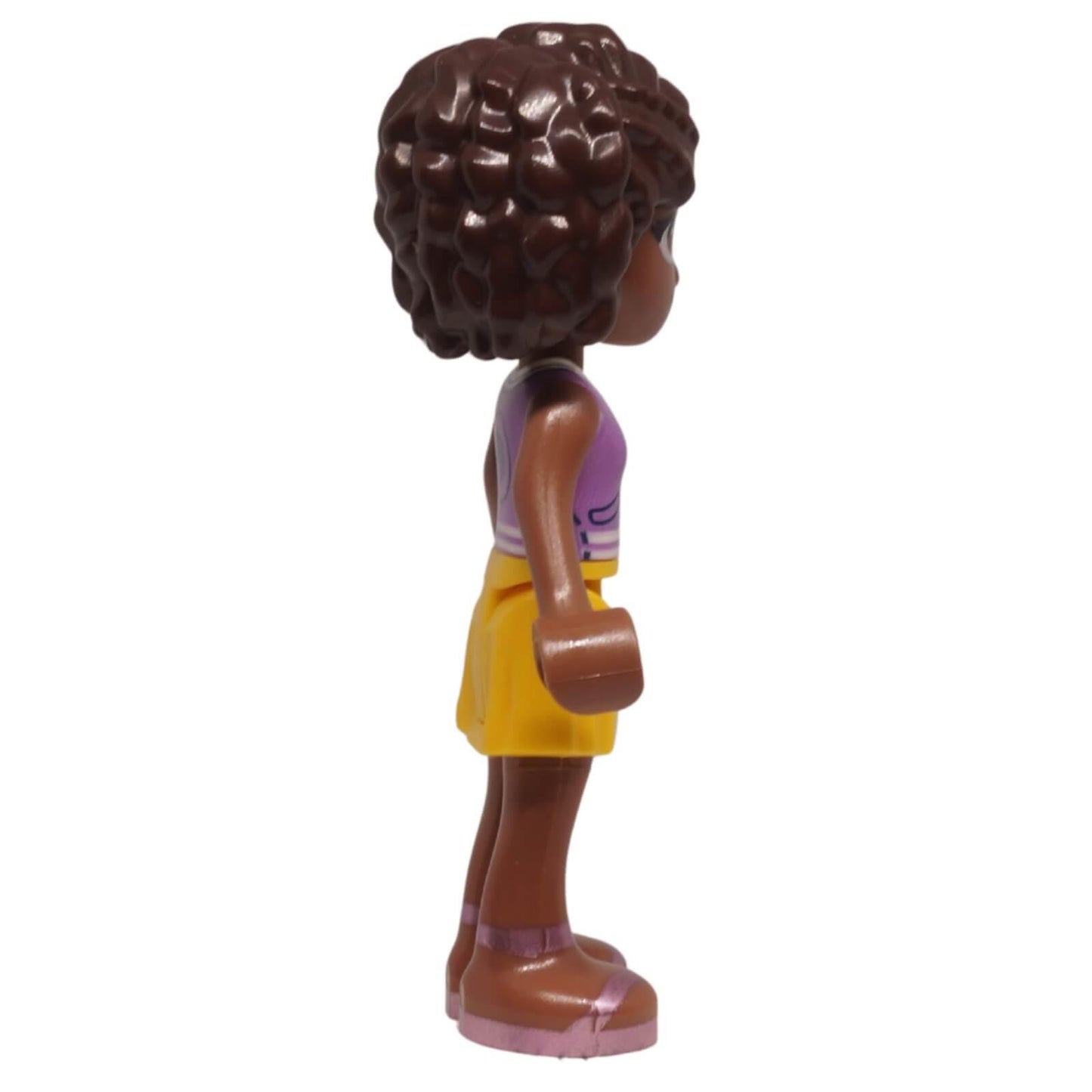 LEGO® Friends Aliya minifigure frnd0656 with lavender vest, yellow skirt, and curly dark brown hair side