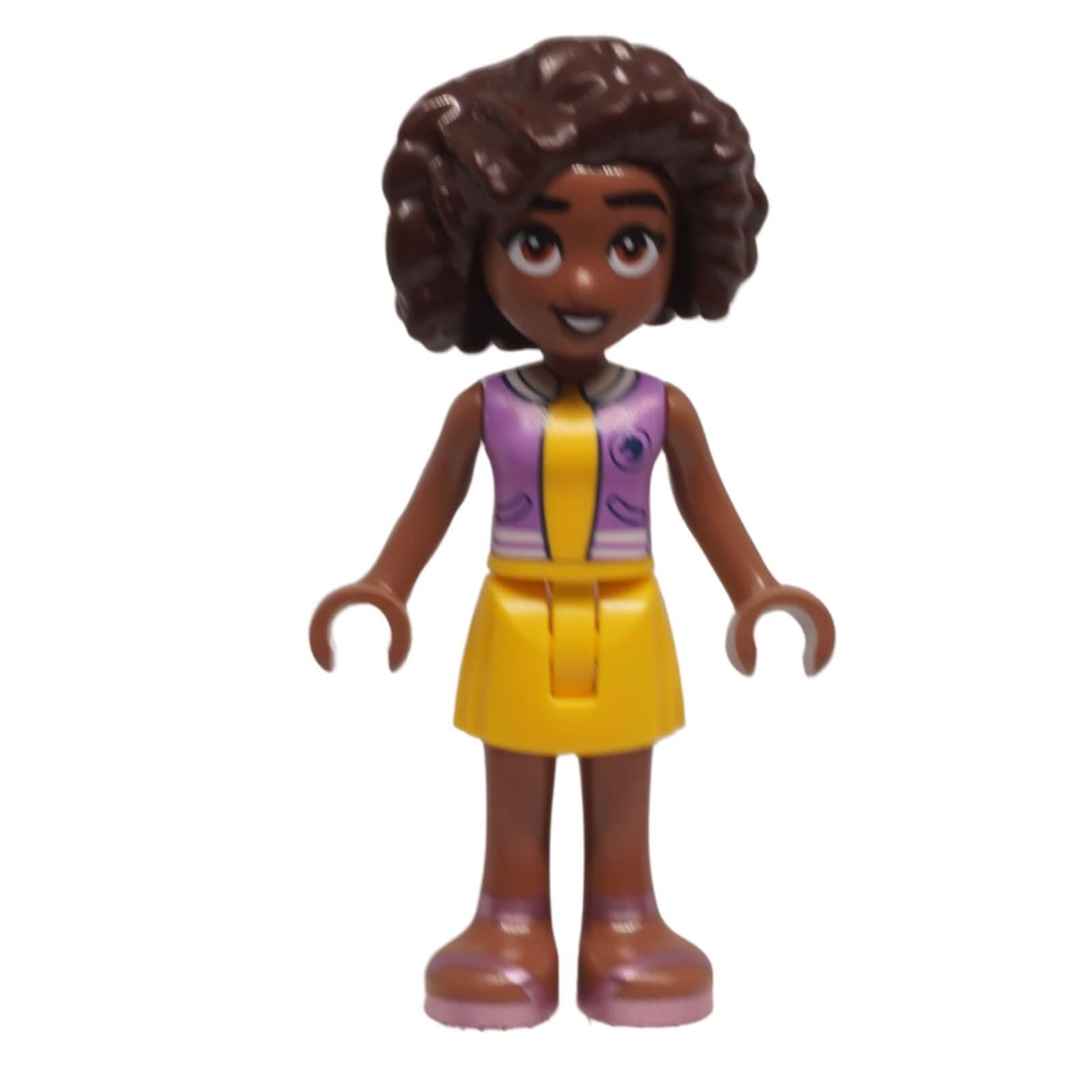 LEGO® Friends Aliya minifigure frnd0656 with lavender vest, yellow skirt, and curly dark brown hair