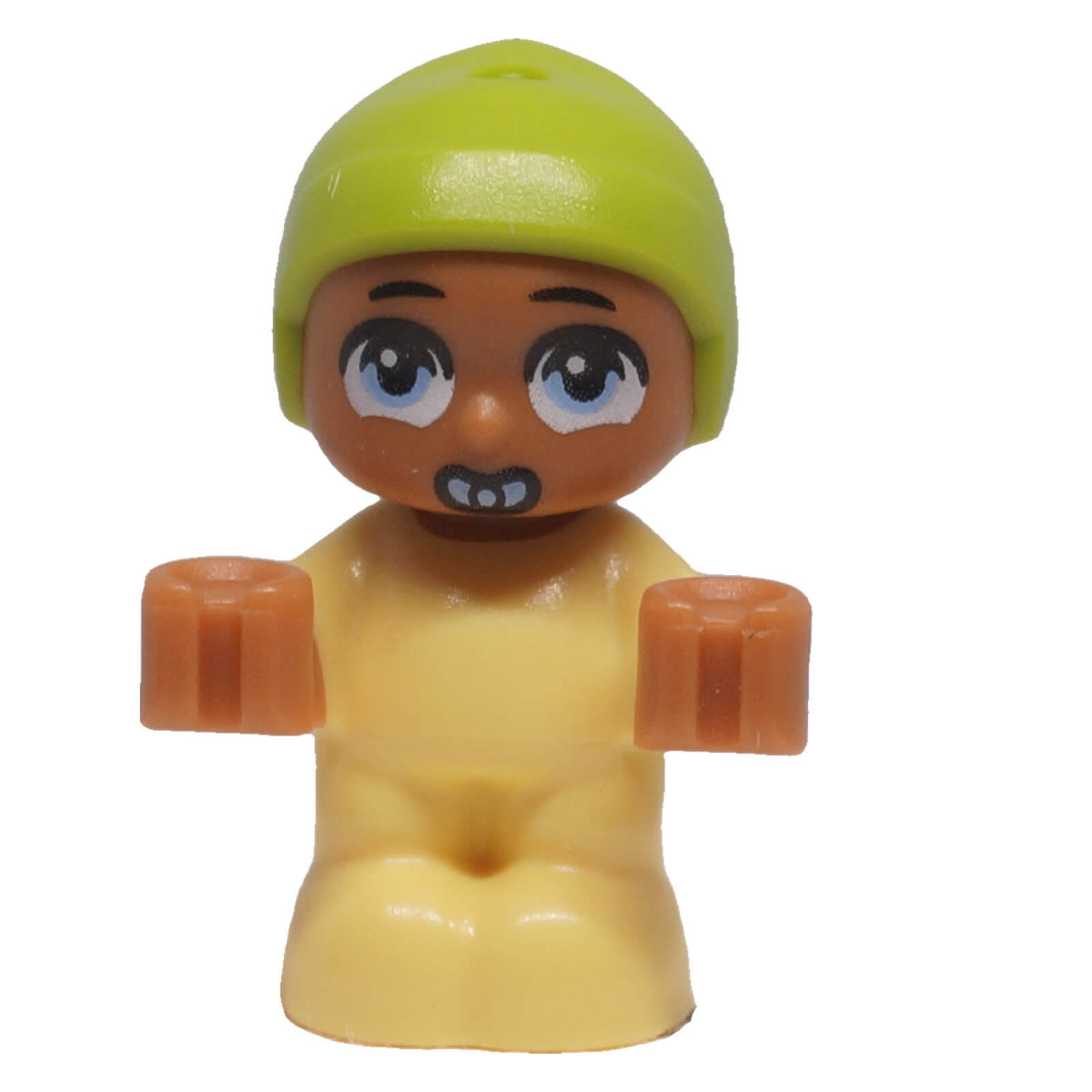 LEGO® Friends Amalia baby micro doll frnd0775 front view showing cap, large printed eyes and pacifier facial detail