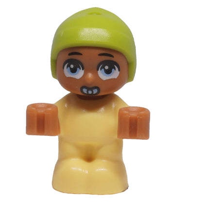 LEGO® Friends Amalia baby micro doll frnd0775 front view showing cap, large printed eyes and pacifier facial detail