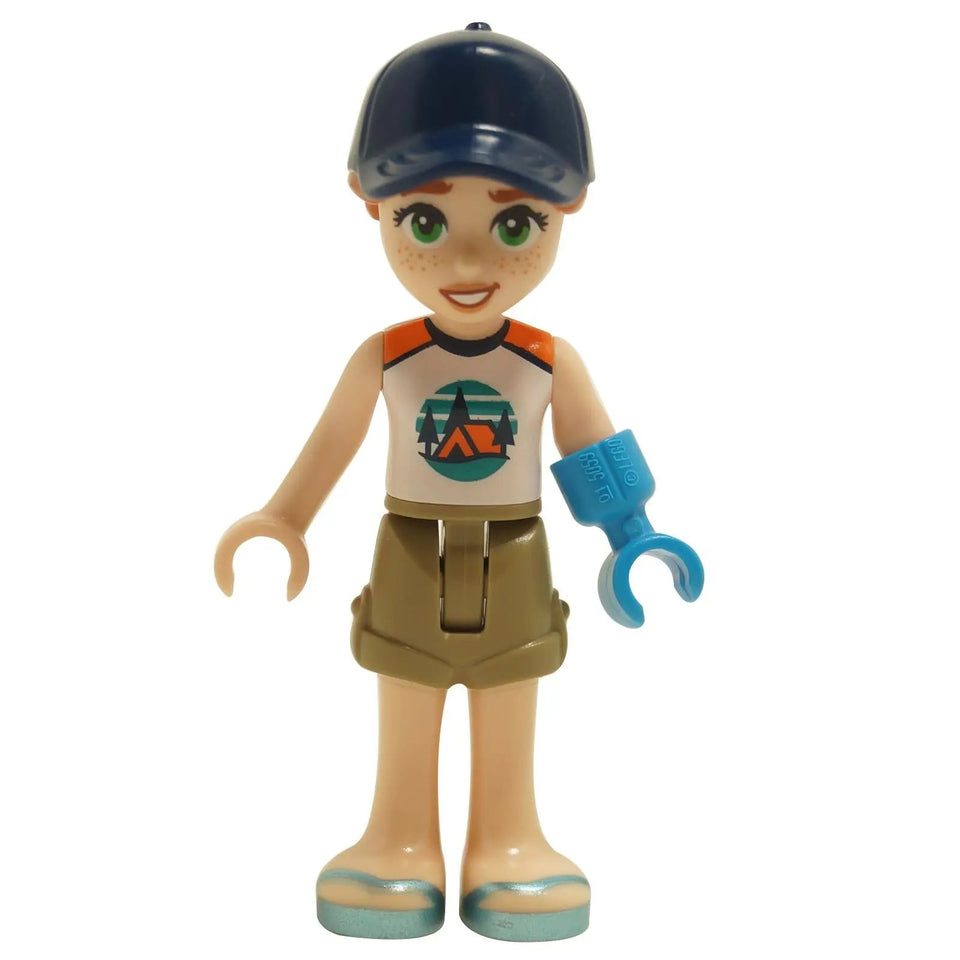 LEGO Friends Autumn mini doll wearing camping outfit with dark blue cap, raccoon logo shirt, tan shorts and blue prosthetic arm