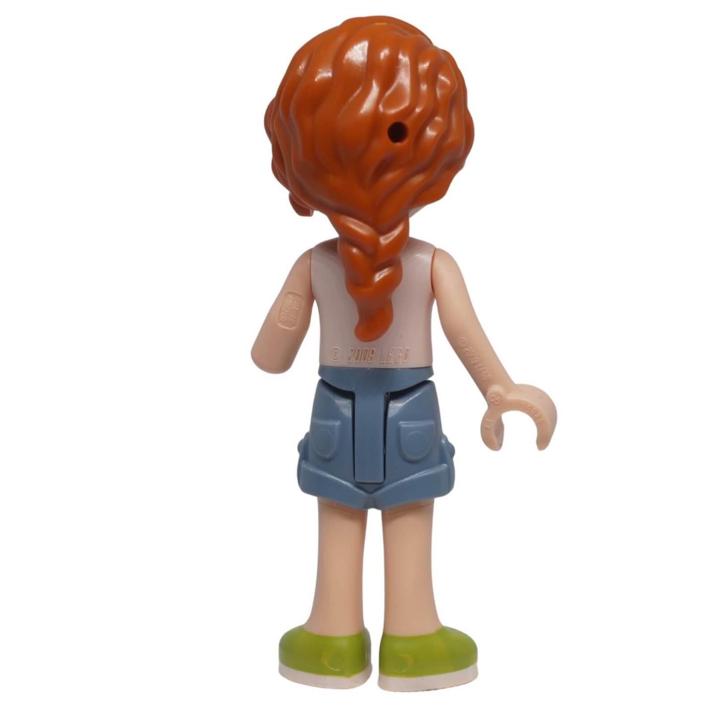 Rear view of LEGO® Friends Autumn mini-doll frnd0601 showing braided reddish orange hairstyle and sand blue shorts