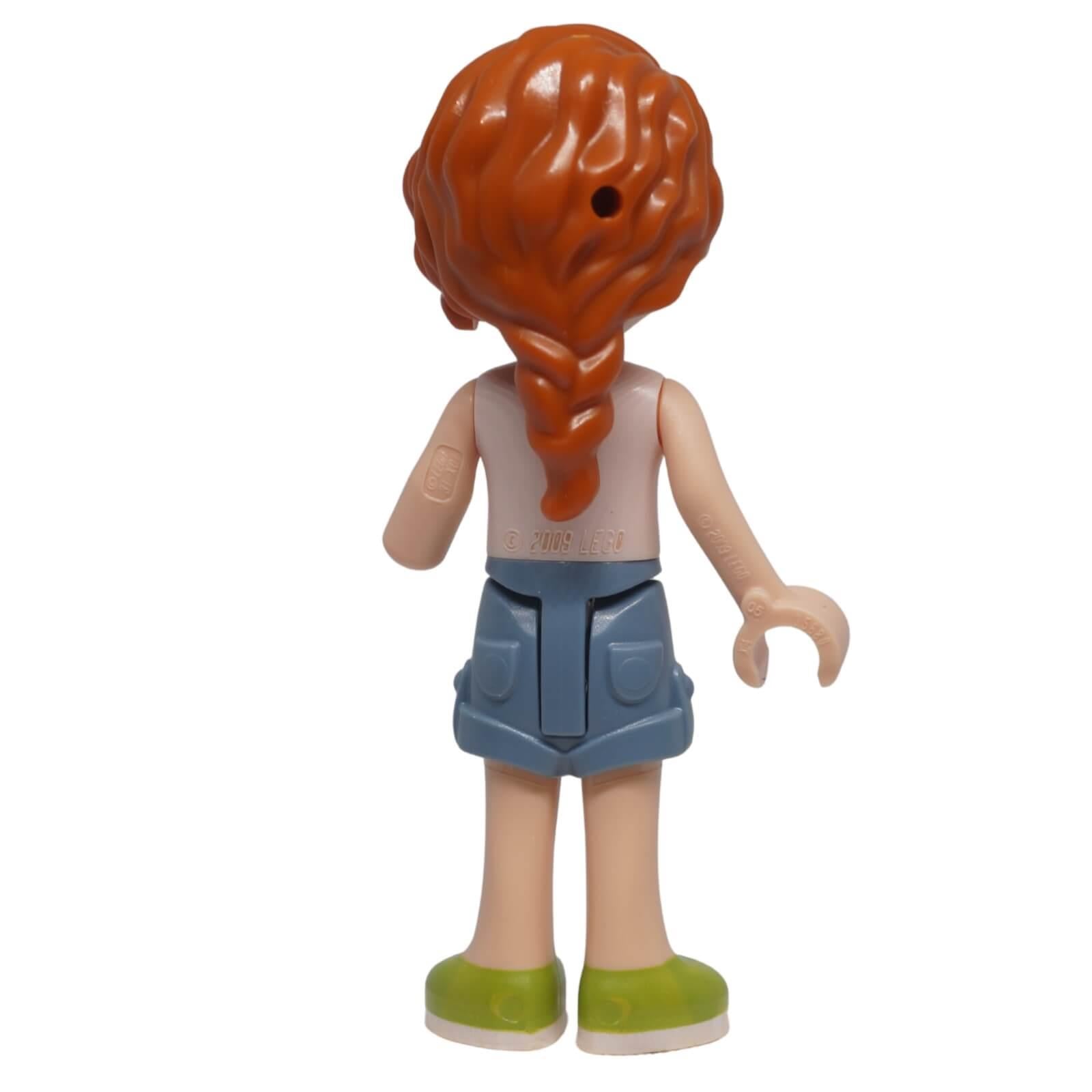 Rear view of LEGO® Friends Autumn mini-doll frnd0601 showing braided reddish orange hairstyle and sand blue shorts
