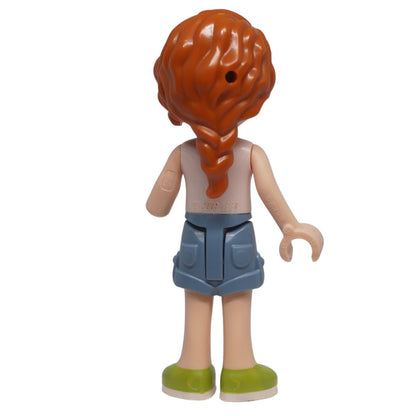 Rear view of LEGO® Friends Autumn mini-doll frnd0601 showing braided reddish orange hairstyle and sand blue shorts