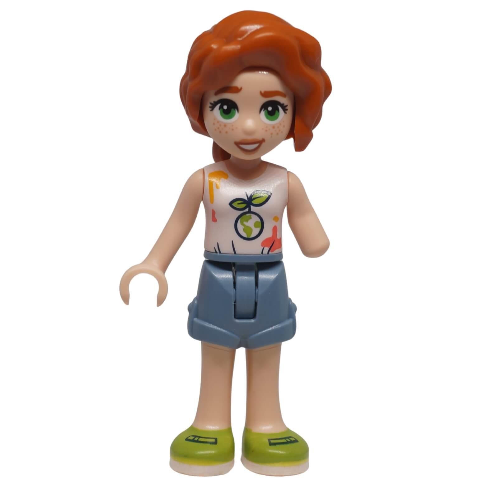 Front view of LEGO® Friends Autumn mini-doll frnd0601 wearing a printed white top, sand blue shorts and lime shoes