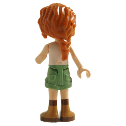 back view of LEGO Friends Autumn mini doll with braided orange hair wearing white sleeveless top sand green shorts and brown boots
