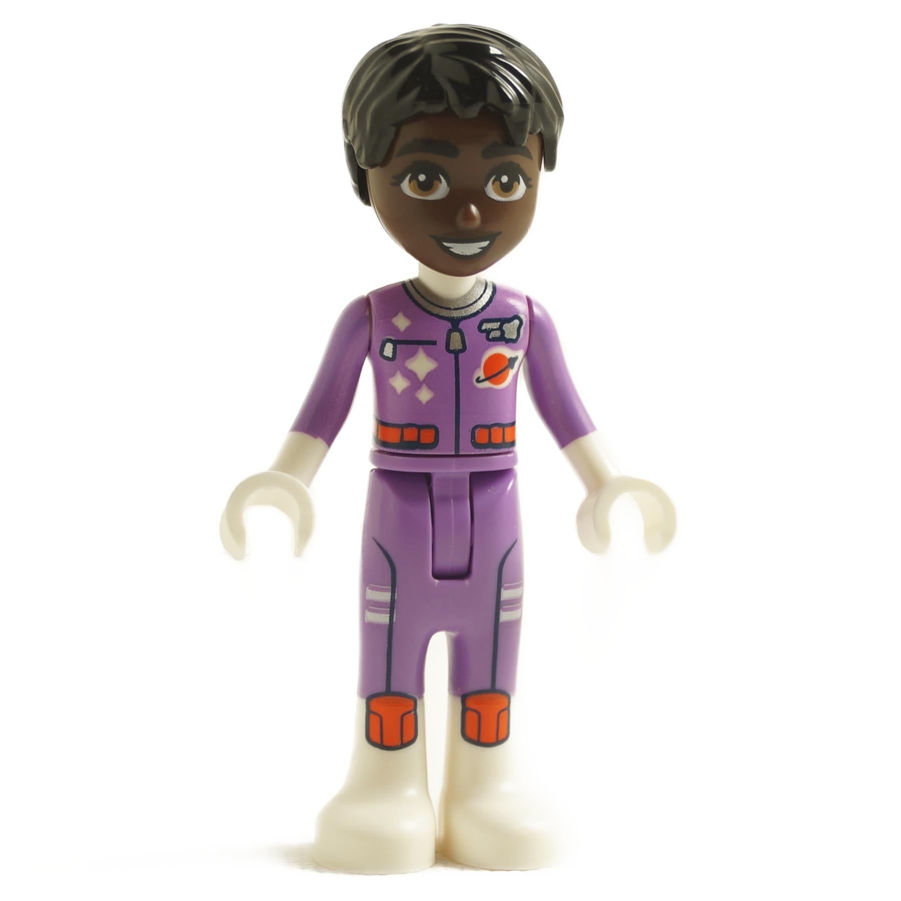 LEGO Friends Aveline minifigure in a purple astronaut suit with space mission badges and orange boots.