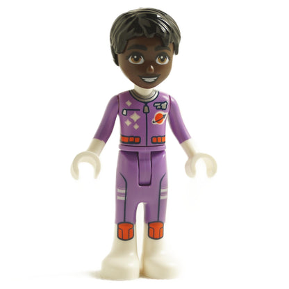 LEGO Friends Aveline minifigure in a purple astronaut suit with space mission badges and orange boots.