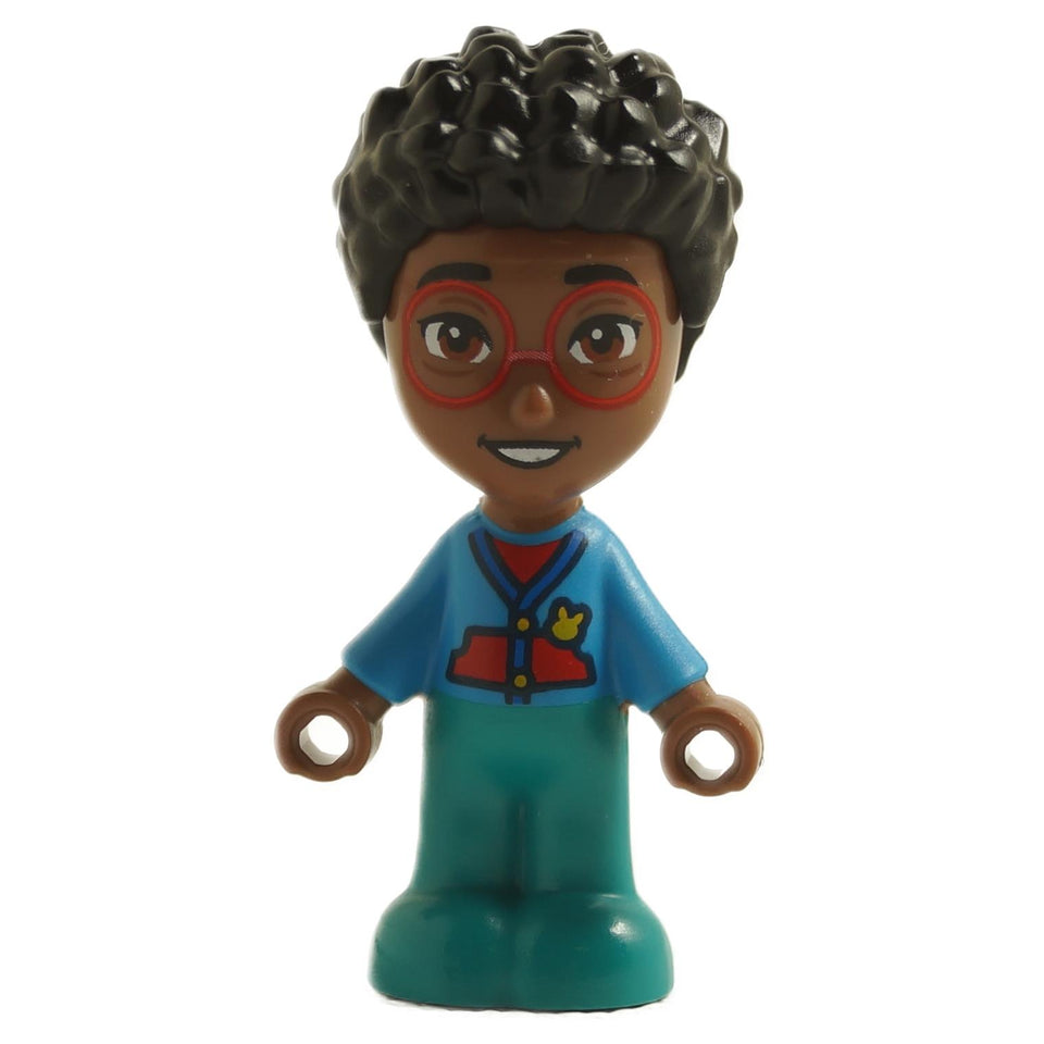 LEGO Friends Basem micro doll with a blue jacket, red glasses, and curly hair.