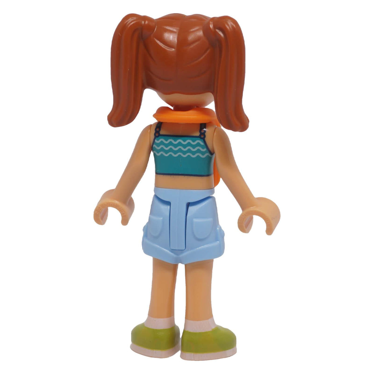 LEGO Friends Candi frnd0743 back view showing turquoise swimsuit print, blue shorts and twin ponytails