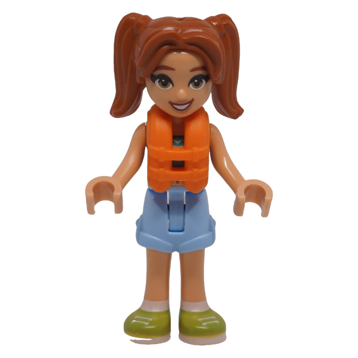 LEGO Friends Candi frnd0743 front view with orange life jacket, blue shorts and lime shoes