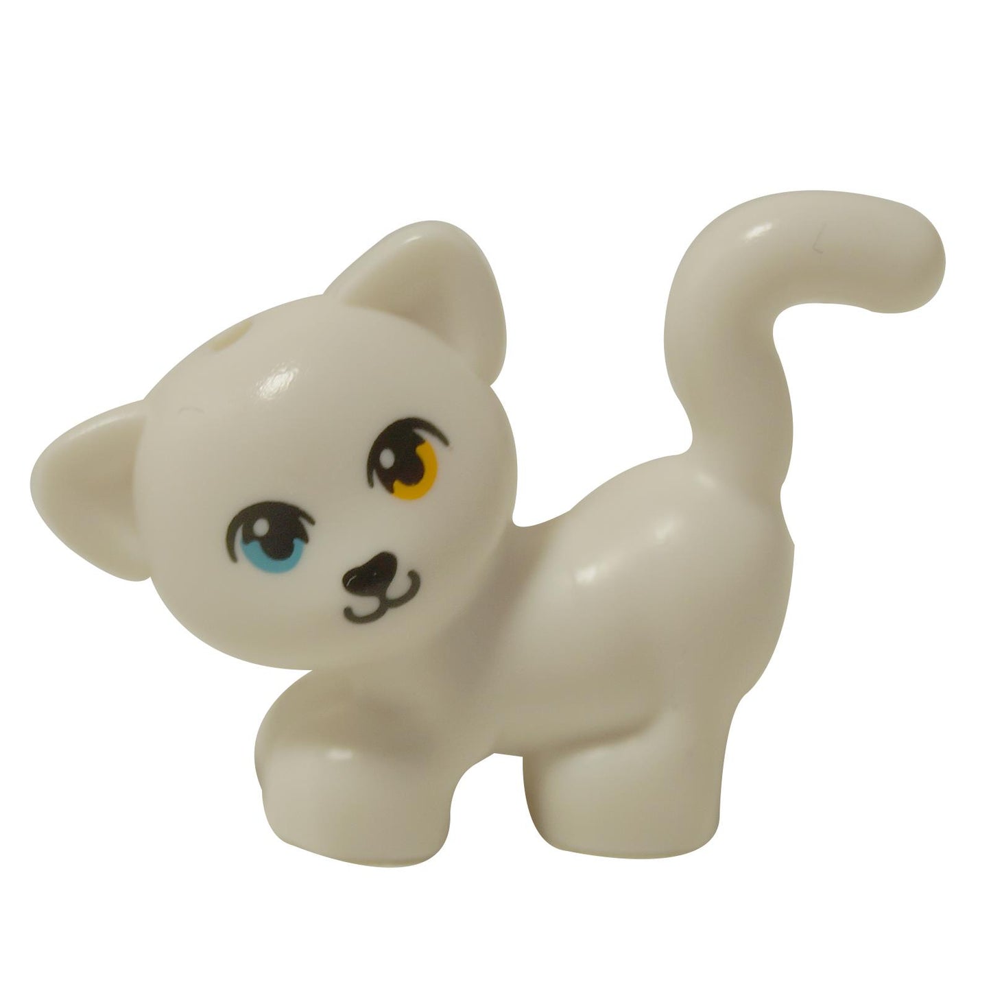 LEGO Friends white cat figure 93089pb04, standing and looking left with one medium azure eye and one bright light orange eye.