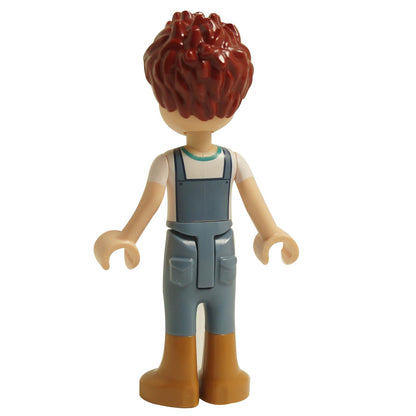 back view of LEGO Friends Daniel mini doll with sand blue overalls white shirt and reddish brown hair frnd0495
