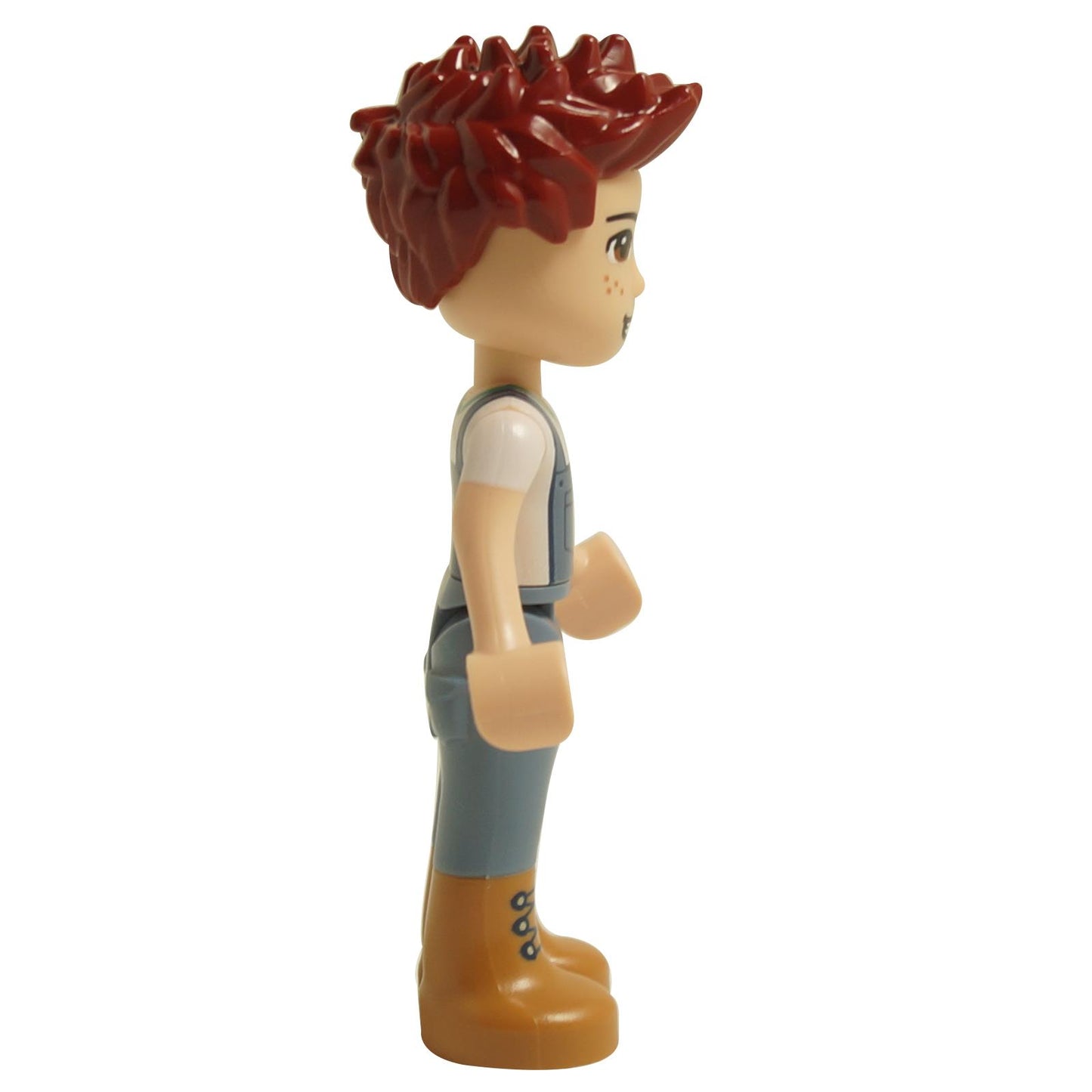 side view of LEGO Friends Daniel mini doll with sand blue overalls white shirt reddish brown hair and brown boots frnd0495
