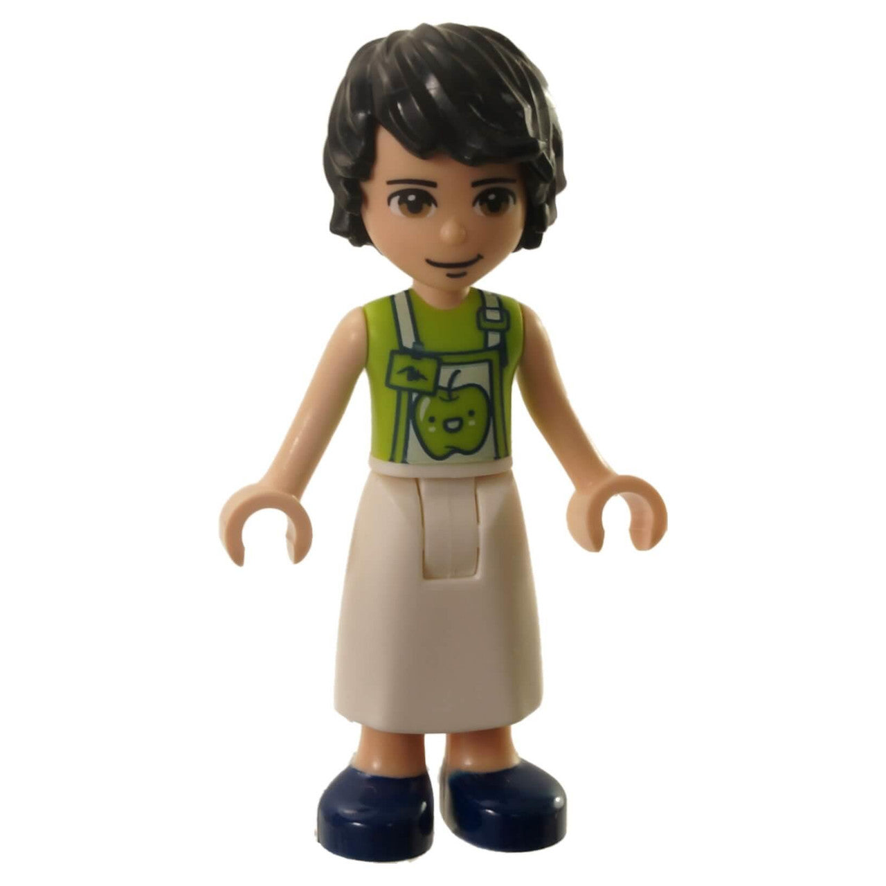 front view of LEGO Friends David mini doll with dark hair wearing lime green shirt with apple print and white apron frnd0356
