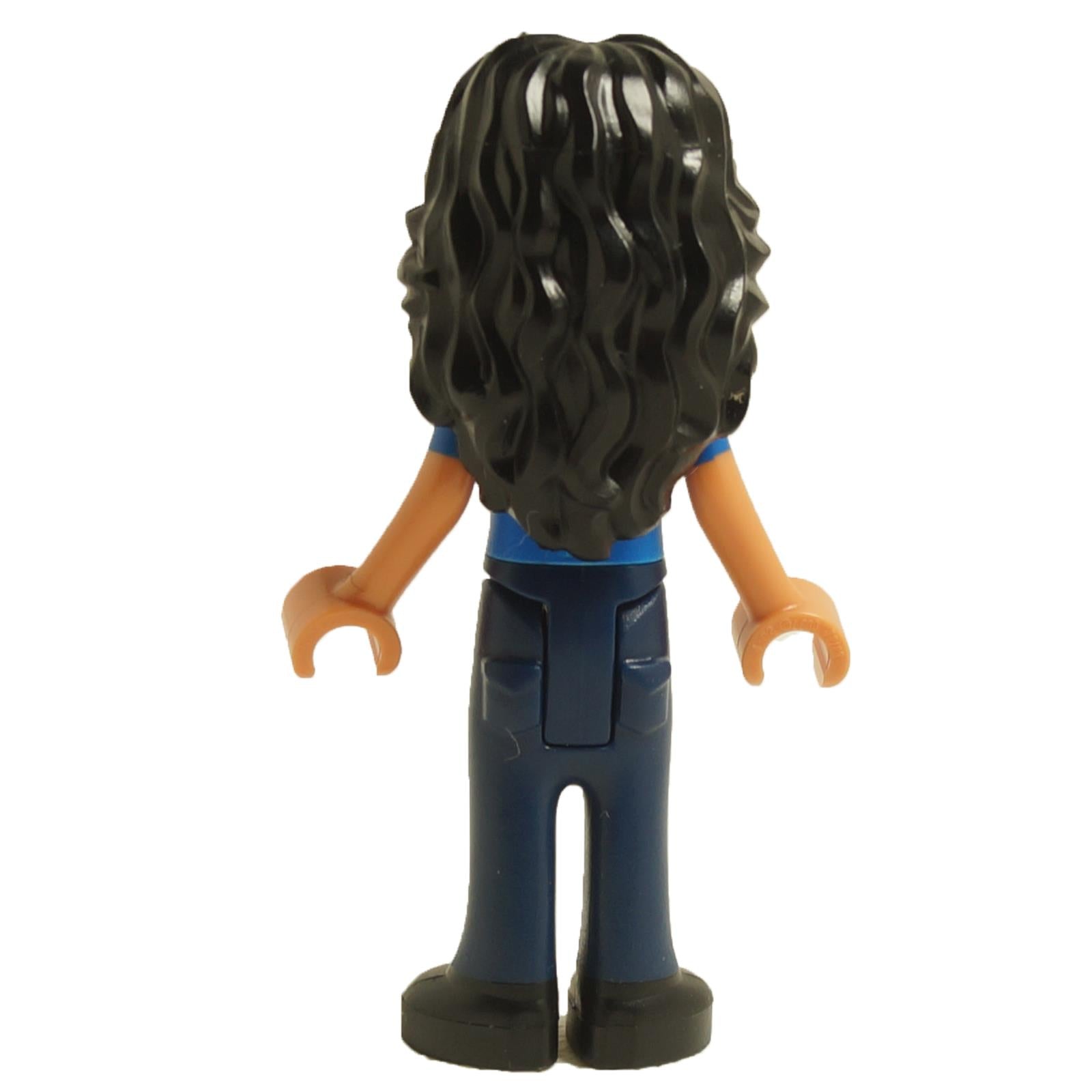Back view of LEGO® Friends Dr. Vidya mini-doll frnd520 with long dark hair, blue medical shirt, and dark blue legs
