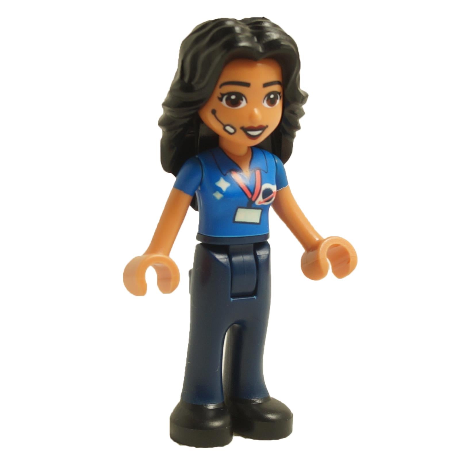 LEGO® Friends Dr. Vidya mini-doll frnd520 with dark hair, blue medical shirt, headset microphone, and dark blue legs
