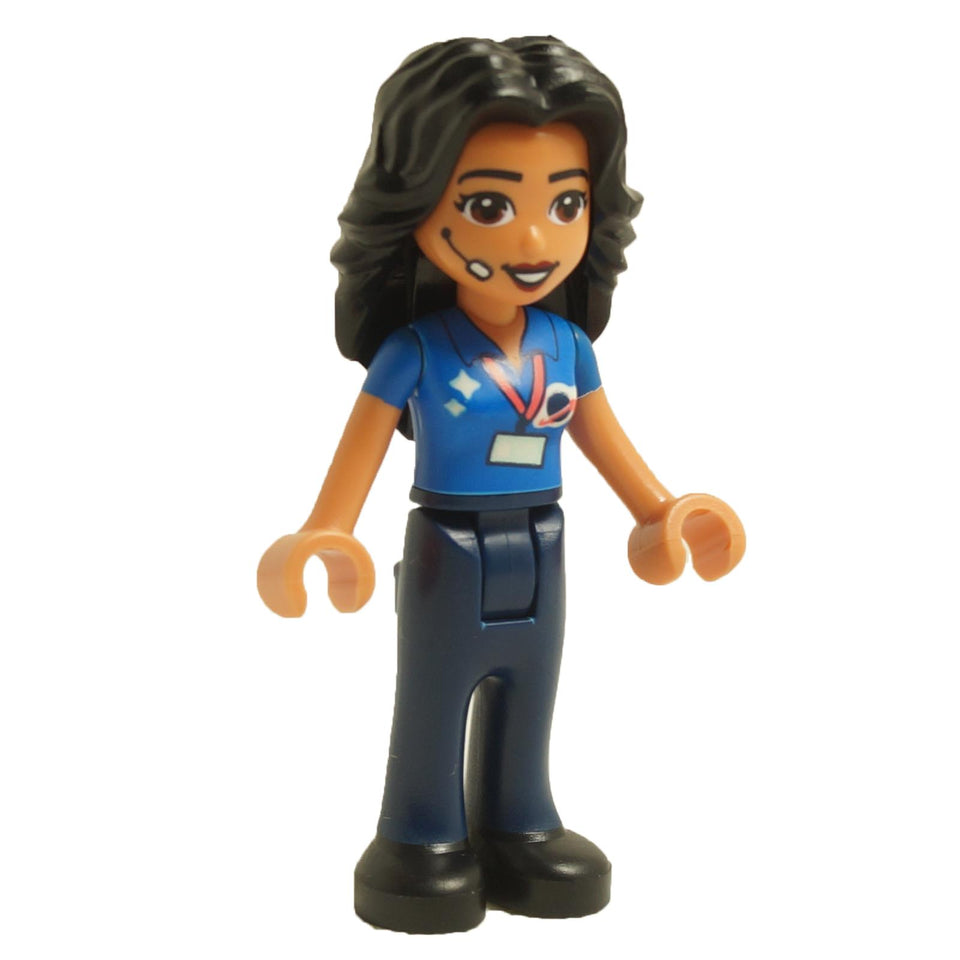 LEGO® Friends Dr. Vidya mini-doll frnd520 with dark hair, blue medical shirt, headset microphone, and dark blue legs
