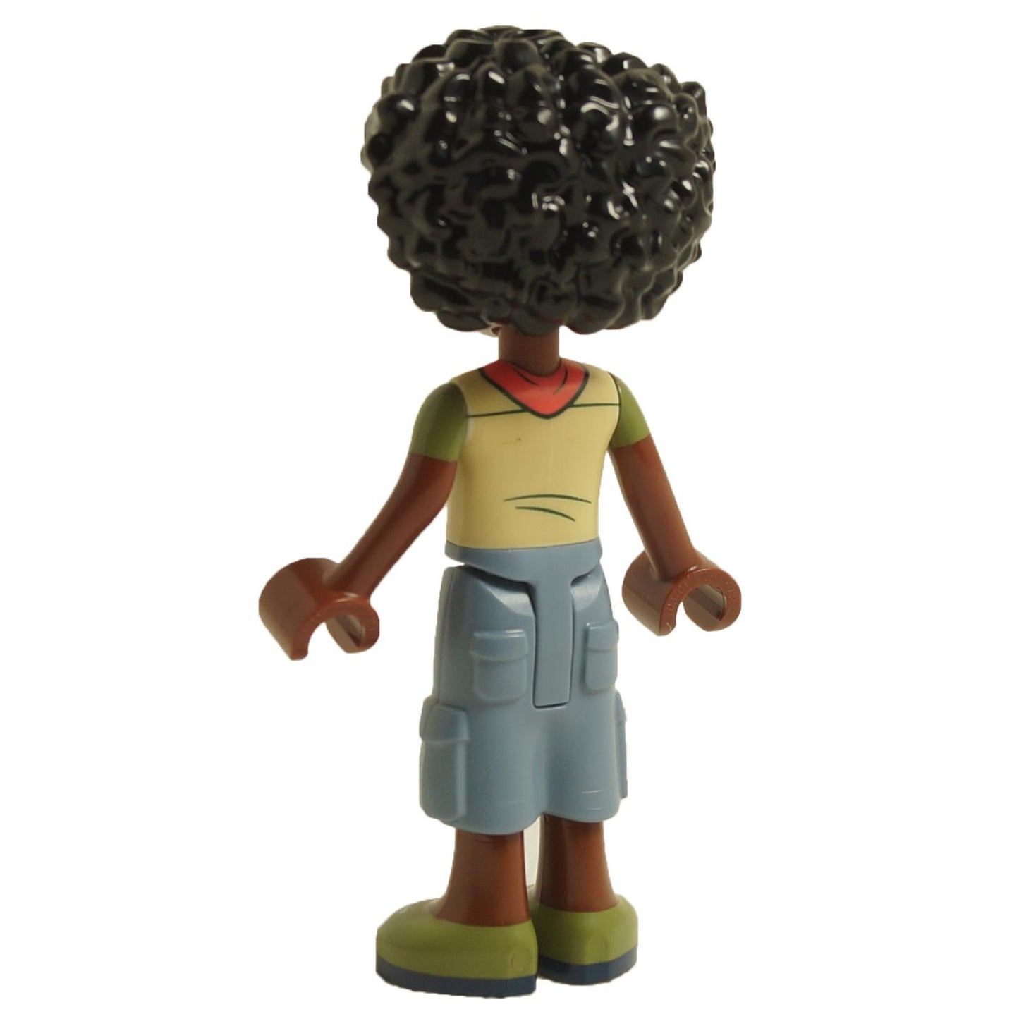 Back view of LEGO® Friends Joaquim mini-doll frnd526 wearing scout vest with badges and blue shorts