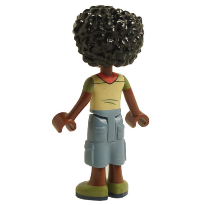 Back view of LEGO® Friends Joaquim mini-doll frnd526 wearing scout vest with badges and blue shorts