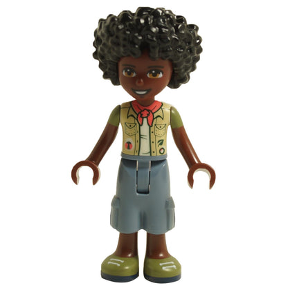 LEGO® Friends Joaquim mini-doll frnd526 wearing scout vest with badges, blue shorts and curly hair