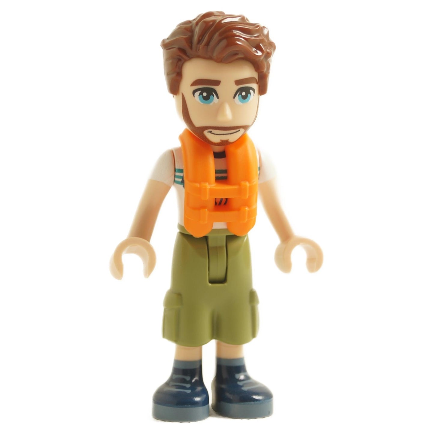 LEGO Friends Jonathan minifigure with a striped T-shirt, life vest, khaki shorts, and navy boots.