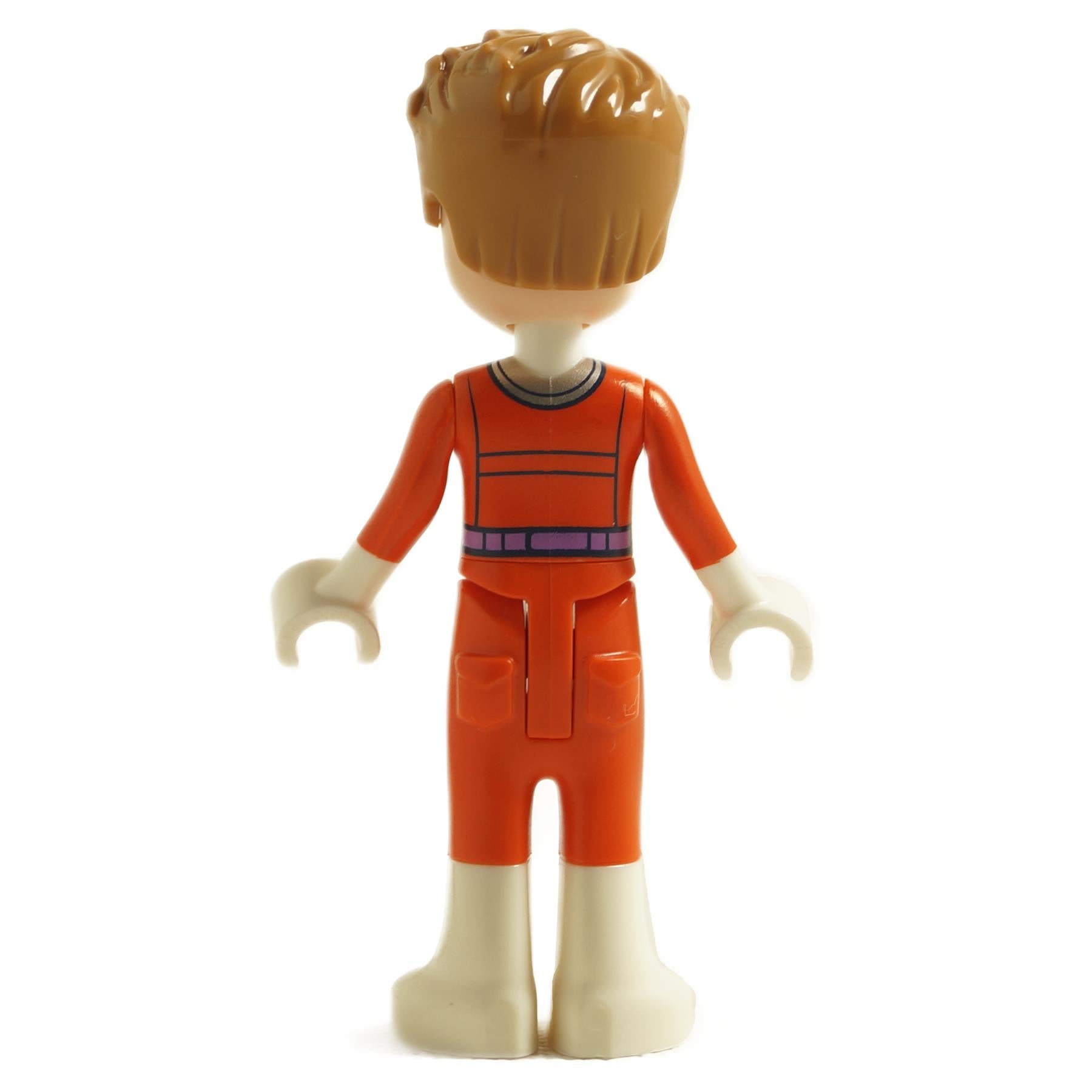 back view of LEGO Friends Julian adult mini doll astronaut wearing reddish orange spacesuit
