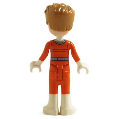 back view of LEGO Friends Julian adult mini doll astronaut wearing reddish orange spacesuit
