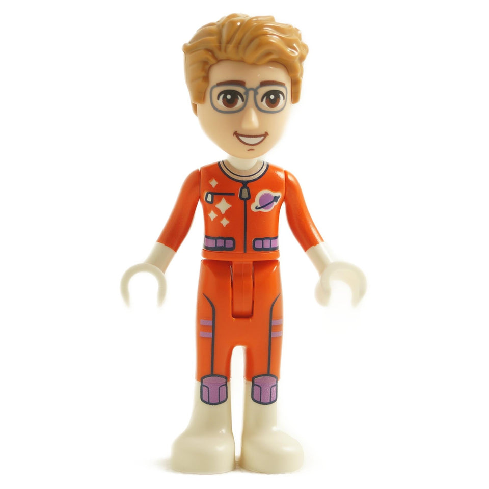 LEGO Friends Julian adult mini doll astronaut wearing reddish orange spacesuit with space mission outfit

