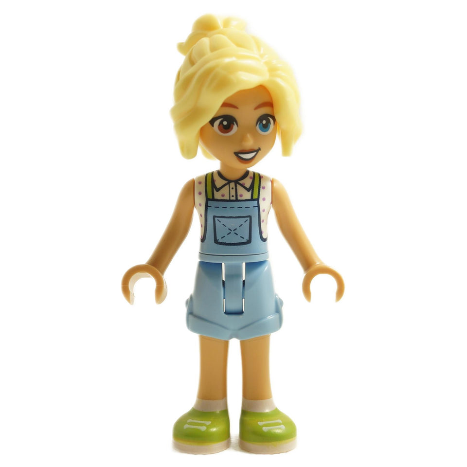 LEGO Friends minifigure Kaya with light blue denim overalls, a polka-dot shirt, green shoes, and a stylish updo.