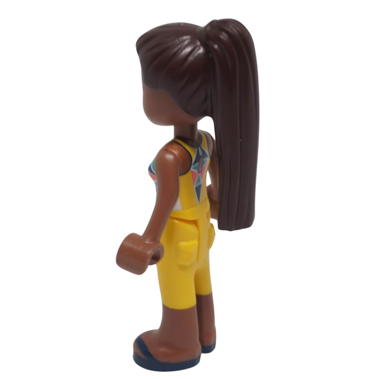 Rear view of LEGO® Friends Kayla mini-doll frnd0655 showing high ponytail hairstyle and yellow outfit