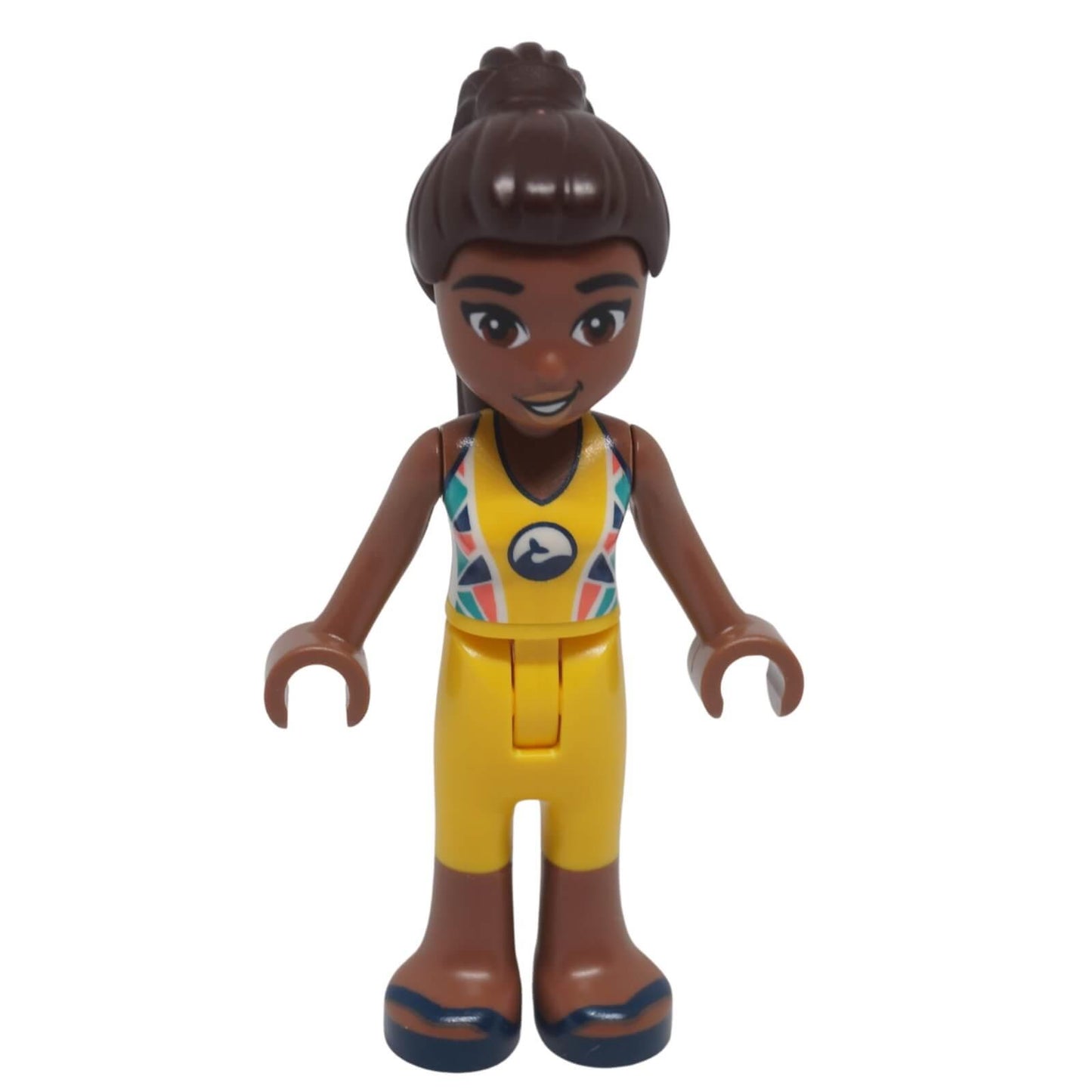 Front view of LEGO® Friends Kayla mini-doll frnd0655 wearing a yellow wetsuit with geometric print