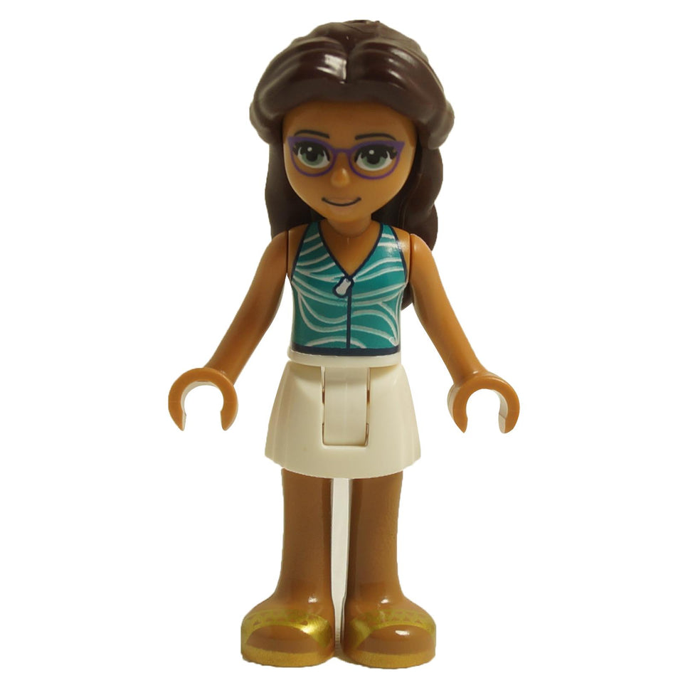 LEGO Friends mini-doll figure Layla, with a tropical-patterned teal top, white skirt, golden sandals, and purple glasses.