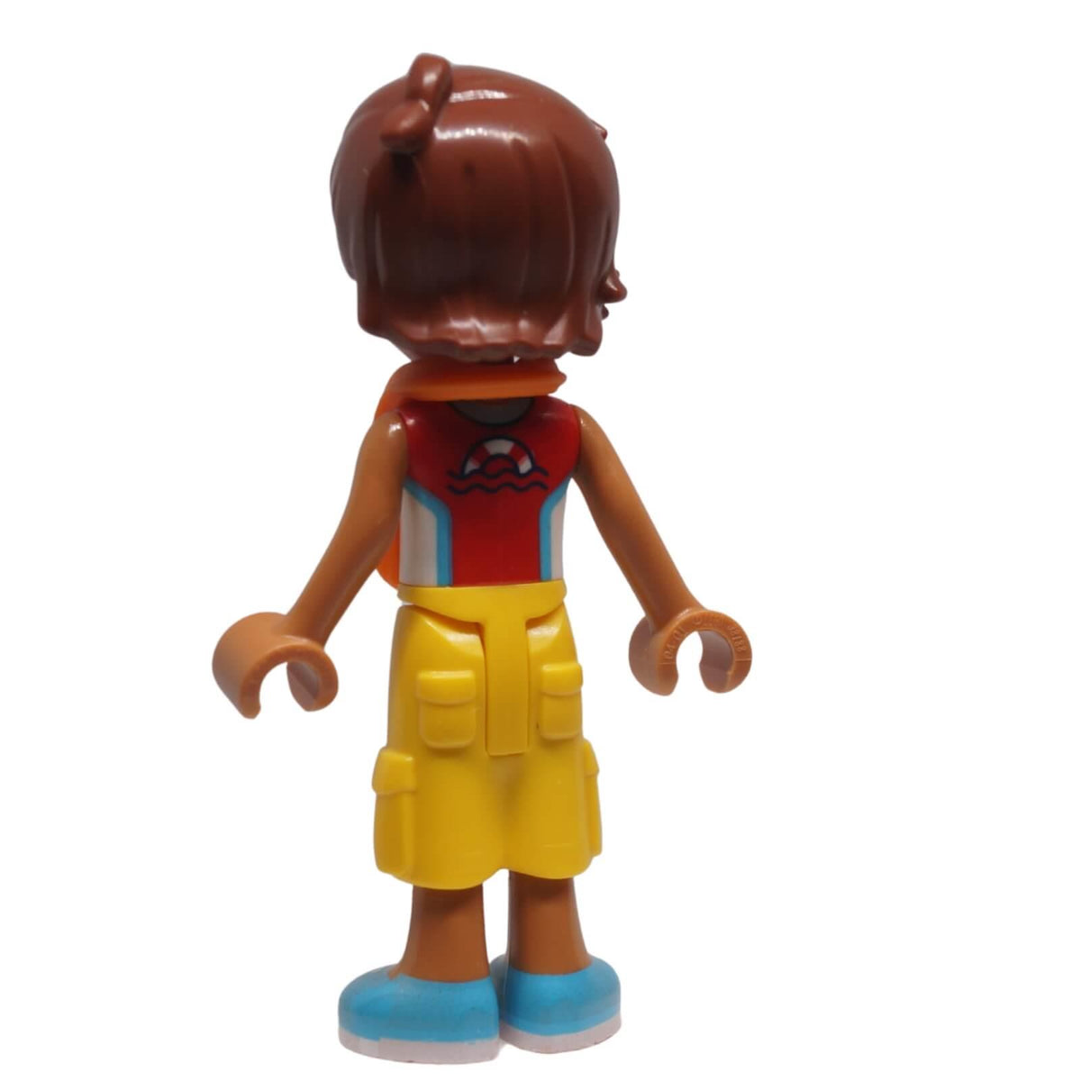 LEGO® Friends Leo mini-doll frnd0744 back view showing life jacket, life-ring torso print and moulded trouser pockets