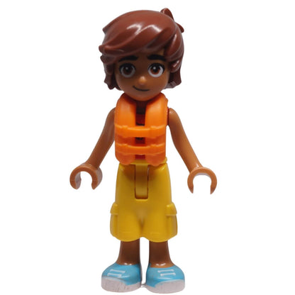 LEGO® Friends Leo mini-doll frnd0744 front view wearing orange life jacket, yellow cropped trousers and light blue shoes