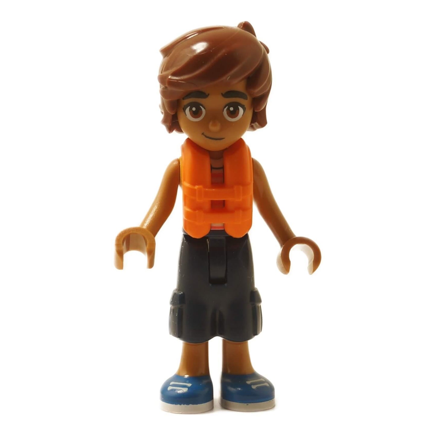 Friends Leo minifigure orange life jacket dark blue shorts blue shoes front view frnd0883
