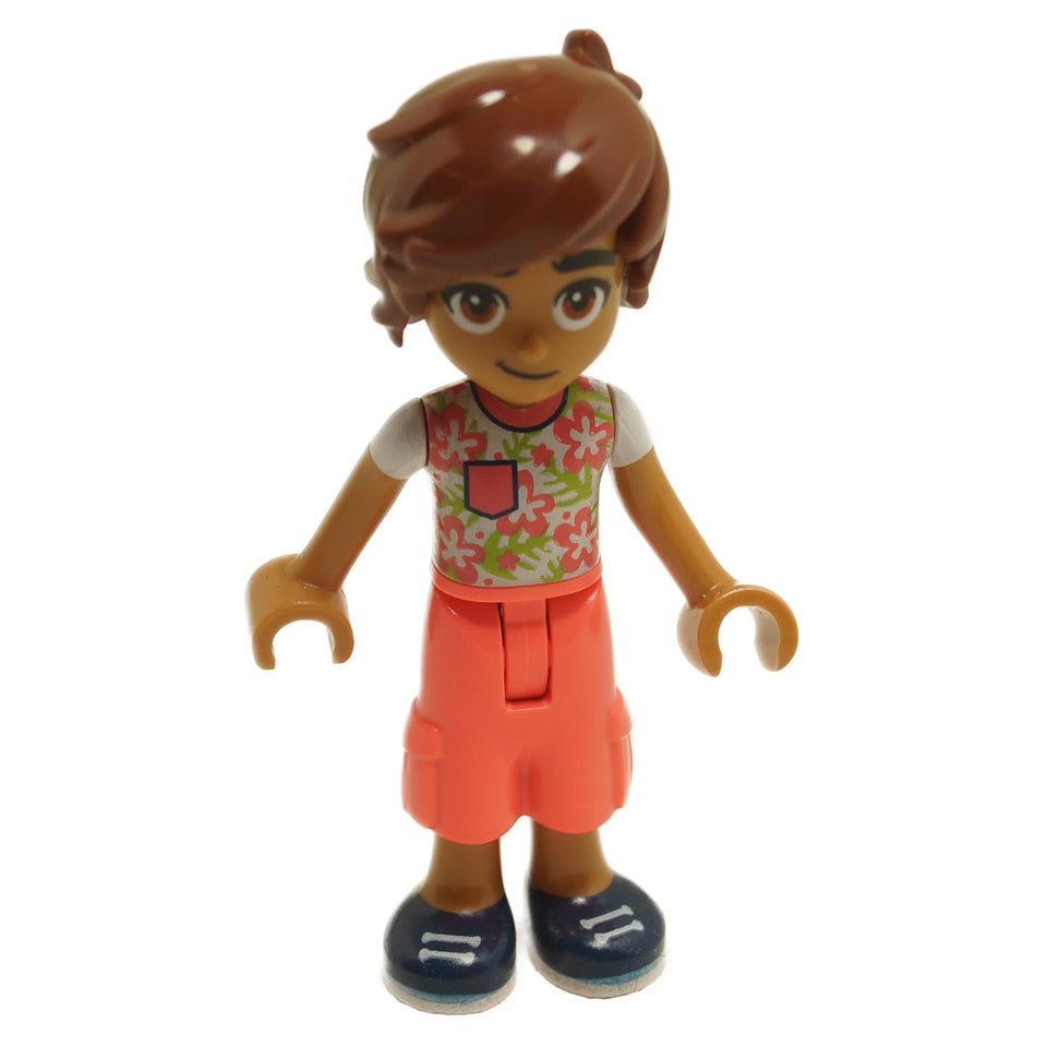 LEGO Friends minifigure, Leo, with a white shirt featuring coral flowers, coral trousers with large pockets, and dark blue shoes.