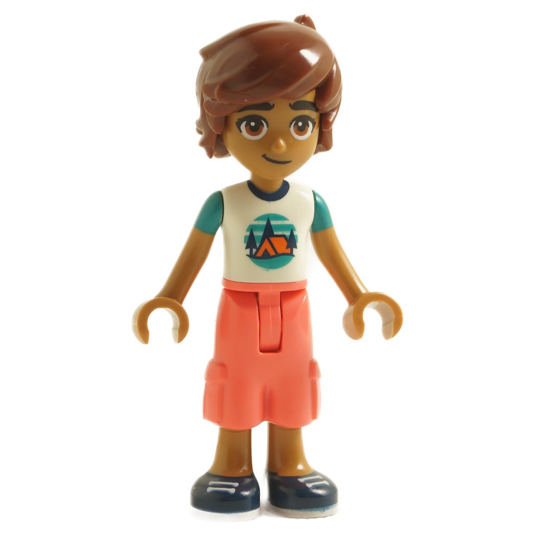 front view of LEGO Friends Leo mini doll with brown hair wearing white t-shirt with camping tent print coral cropped trousers and dark blue shoes

