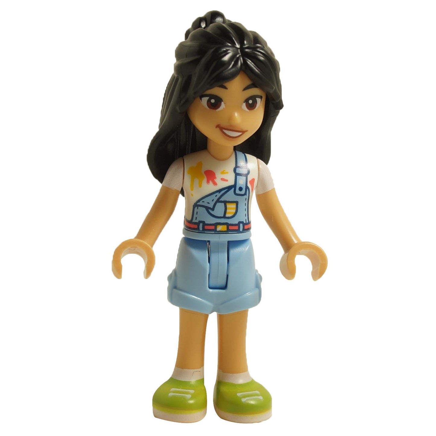 LEGO Friends mini-doll Liann with bright light blue overalls and a colorful paint-splattered T-shirt, green shoes, and long black hair.