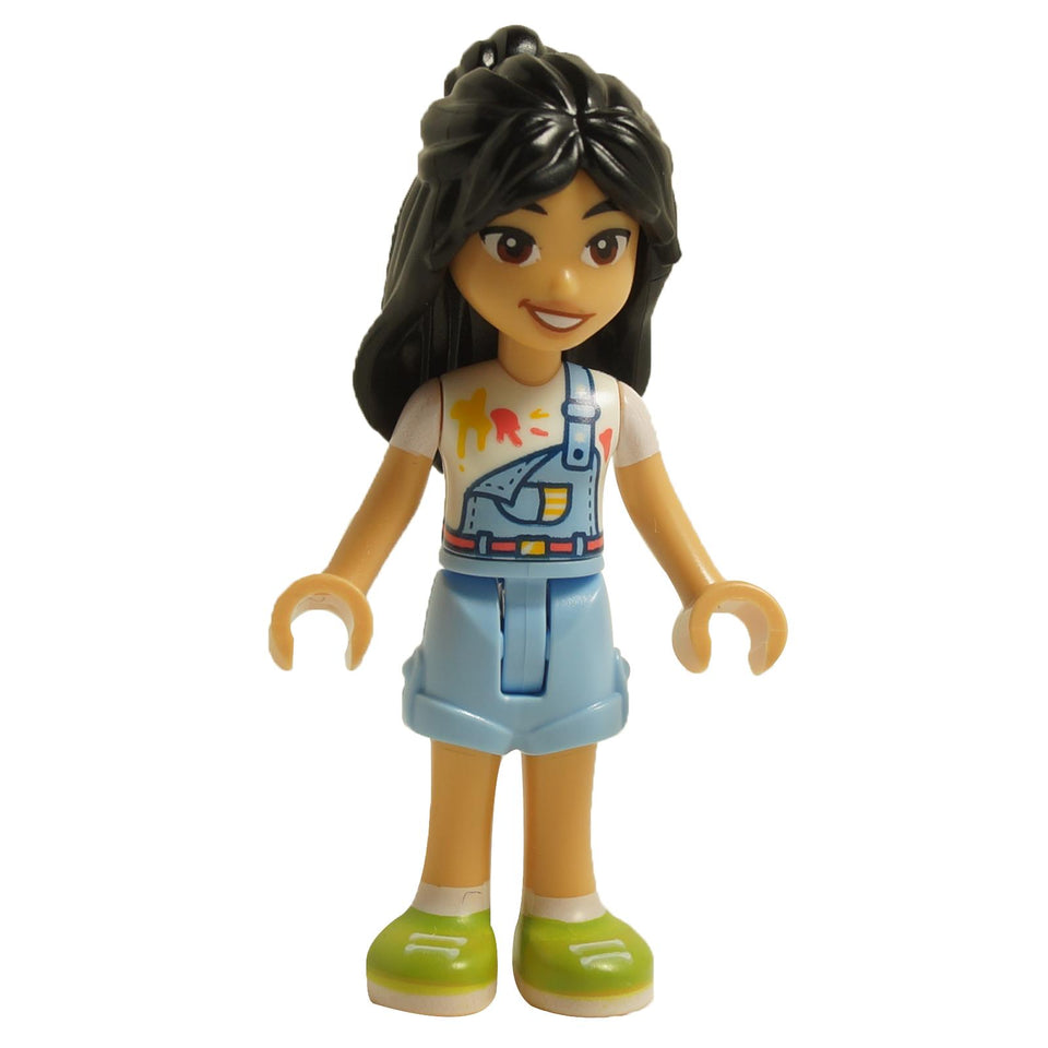 LEGO Friends mini-doll Liann with bright light blue overalls and a colorful paint-splattered T-shirt, green shoes, and long black hair.