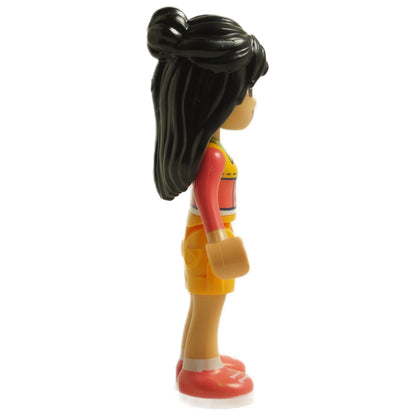 Side view of LEGO® Friends Liann mini-doll wearing a coral jacket
