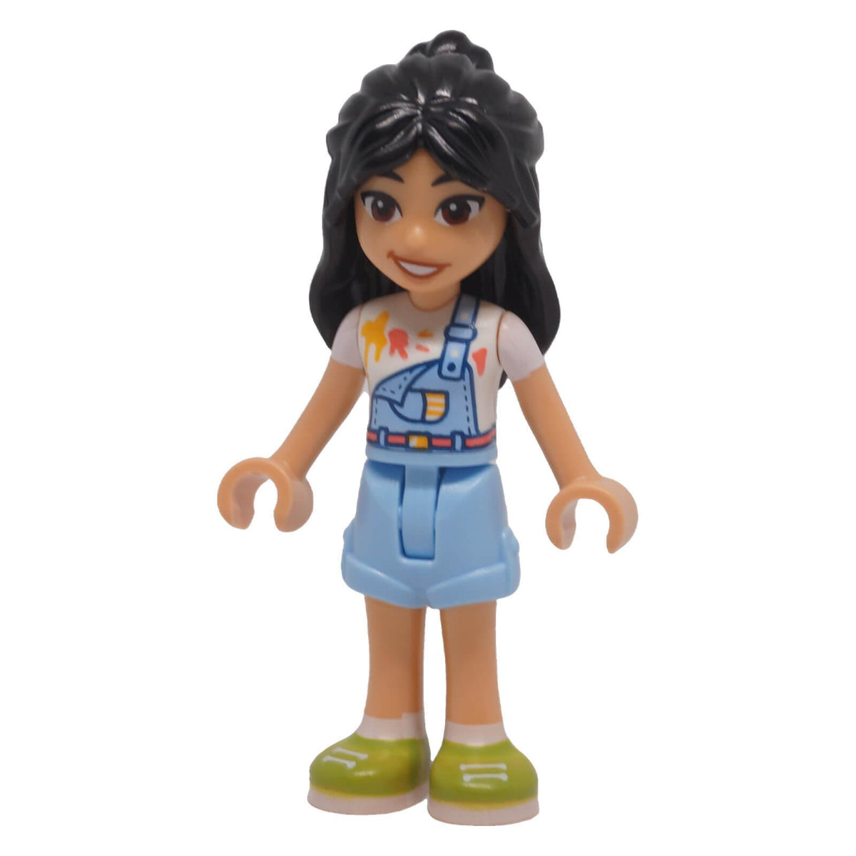 LEGO Friends Liann frnd0600 mini-doll front view with light blue shorts and lime shoes