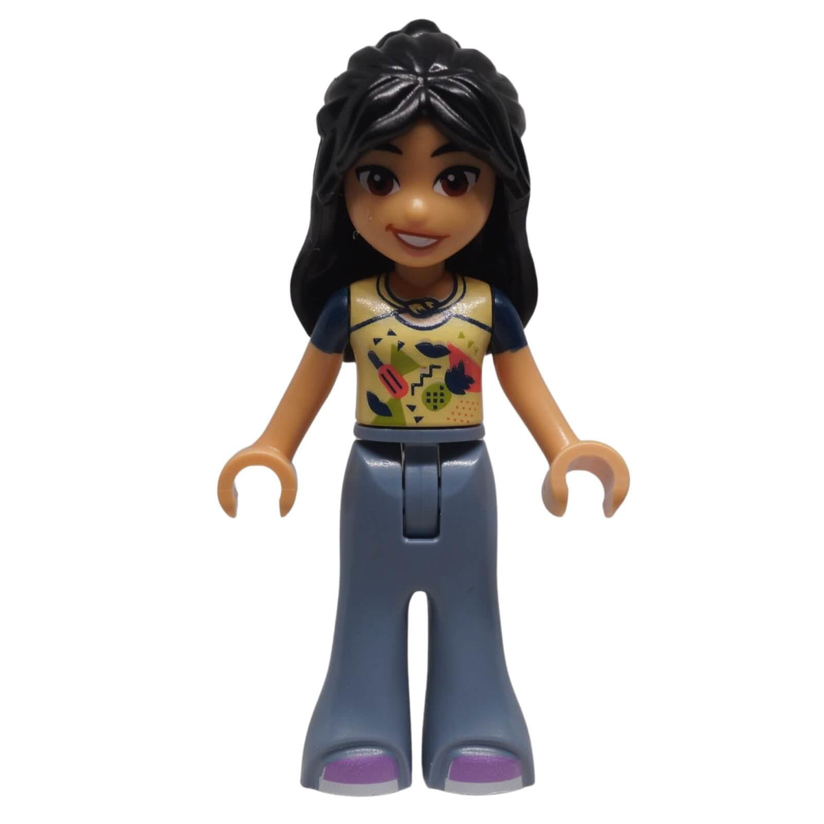LEGO® Friends Liann mini-doll frnd0751 front view showing graphic top, flared trousers and long half-up hairstyle