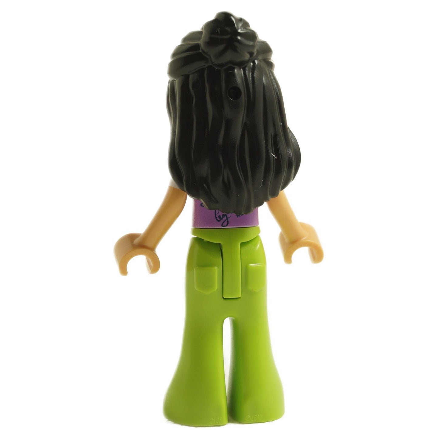 Back view of LEGO® Friends Liann mini-doll with stylish purple top and lime green pants
