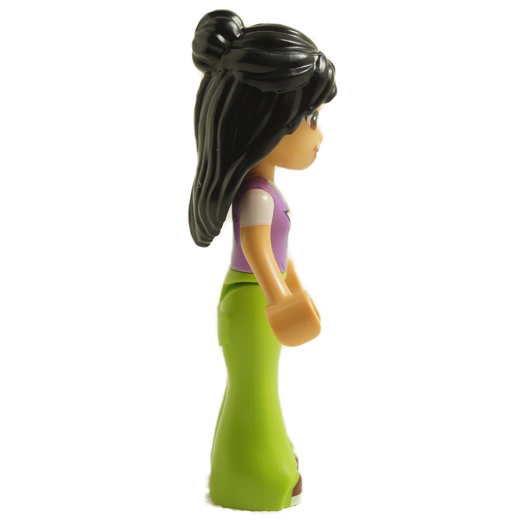 Side view of LEGO® Friends Liann mini-doll with stylish purple top and lime green pants
