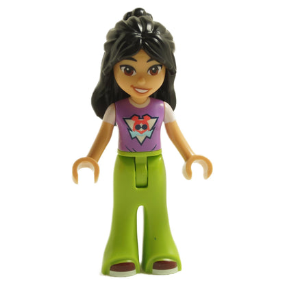 LEGO Friends minifigure Liann with purple top and lime green pants.
